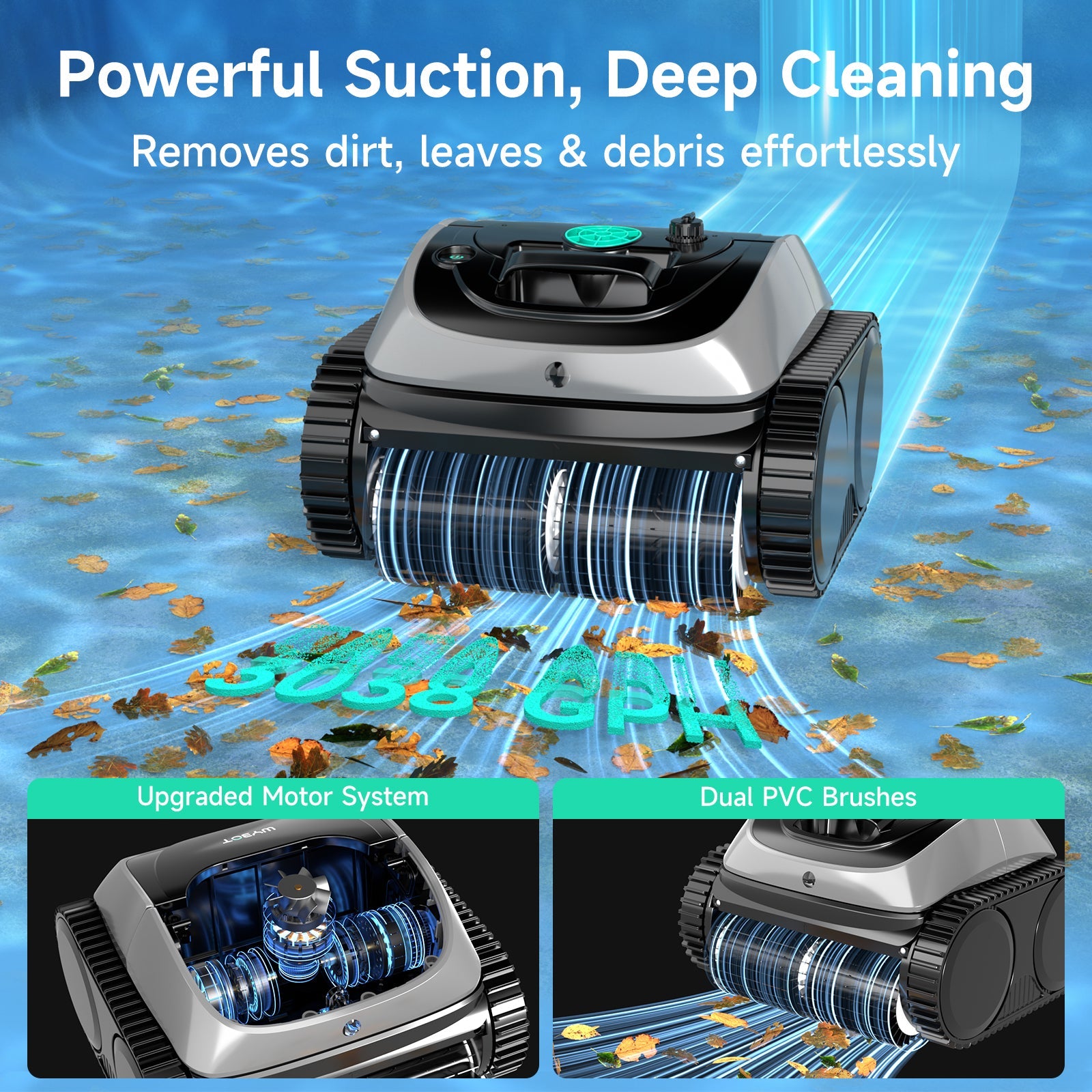 (2025 New) WYBOT C1 Cordless Pool Vacuum, Wall & Waterline Cleaning, Pool Cleaner Robot with Smart Route Planning, 150 Mins Runtime, Ideal for Inground Pools Up to 1,614 Sq.ft, DeepGrey & Green