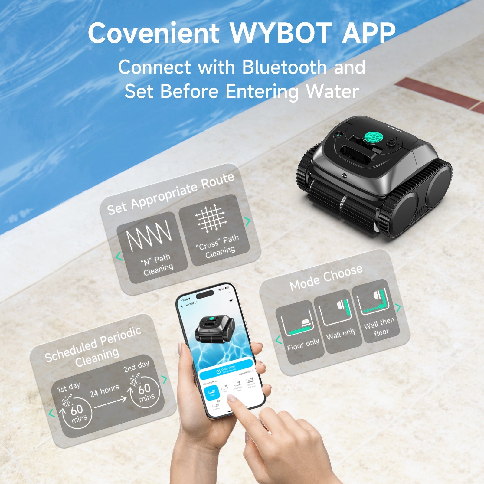 (2025 New) WYBOT C1 Cordless Pool Vacuum, Wall & Waterline Cleaning, Pool Cleaner Robot with Smart Route Planning, 150 Mins Runtime, Ideal for Inground Pools Up to 1,614 Sq.ft, DeepGrey & Green